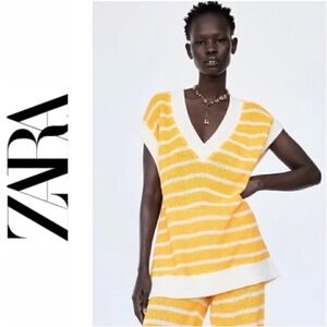Zara Womens Yellow White Striped Knit V-Neck Sweater Vest Size Large Oversized